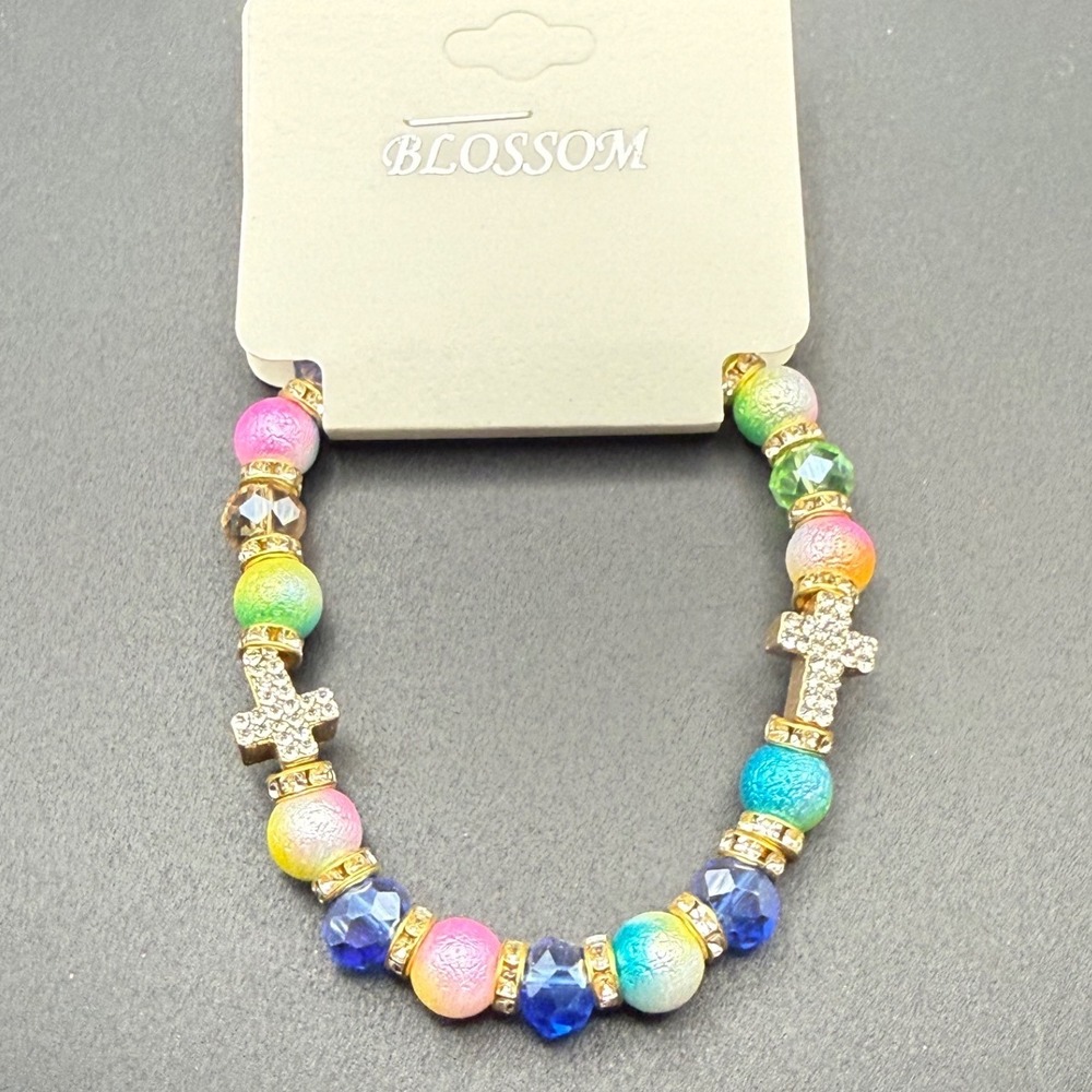Blossom Beaded Stretch Bracelet Rainbow Cross Charm Gold‎ Tone Rhinestone